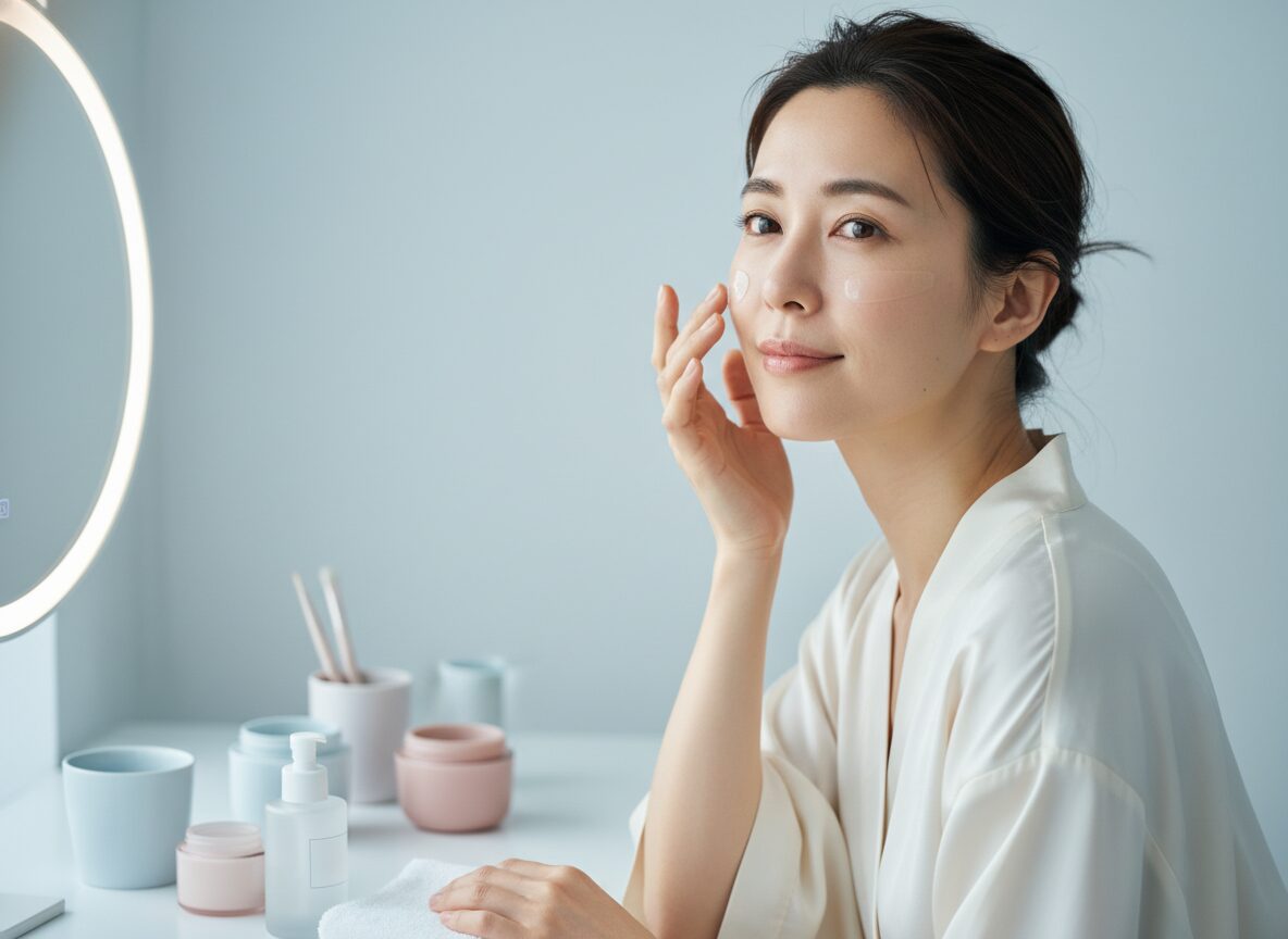 朝の光で下地を薄く伸ばす女性