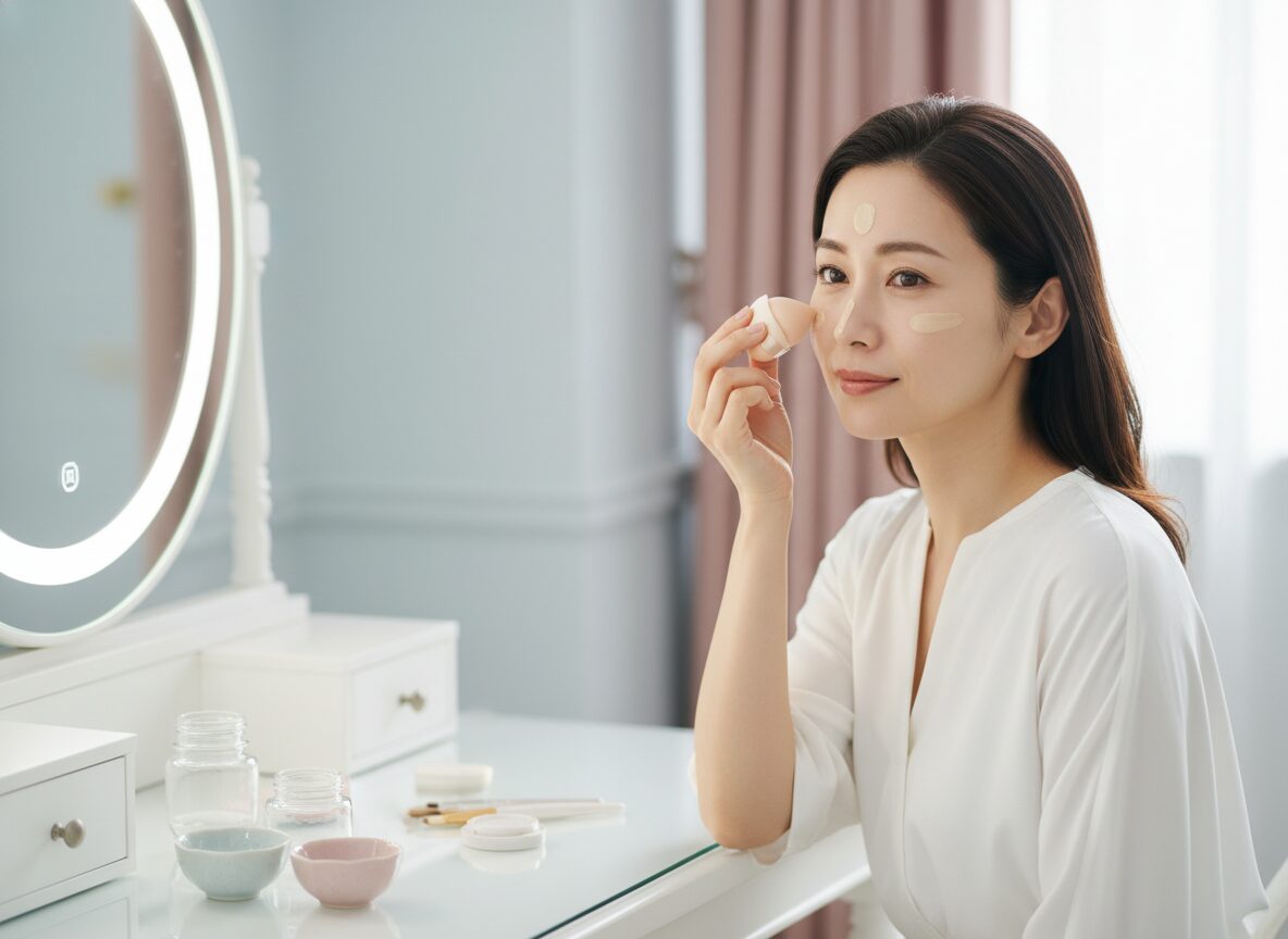 ファンデーションを頬に薄くのせる女性