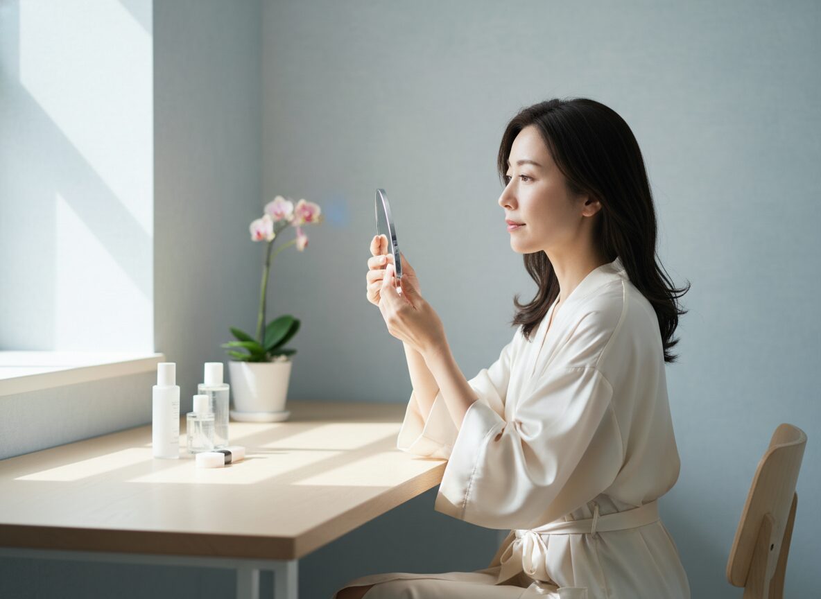 鏡の前でベースメイクの仕上がりを確認する女性