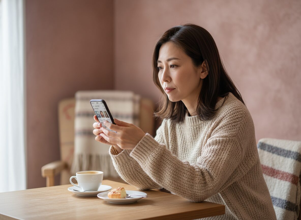 カフェで婚活アプリを見ながらため息をつく女性