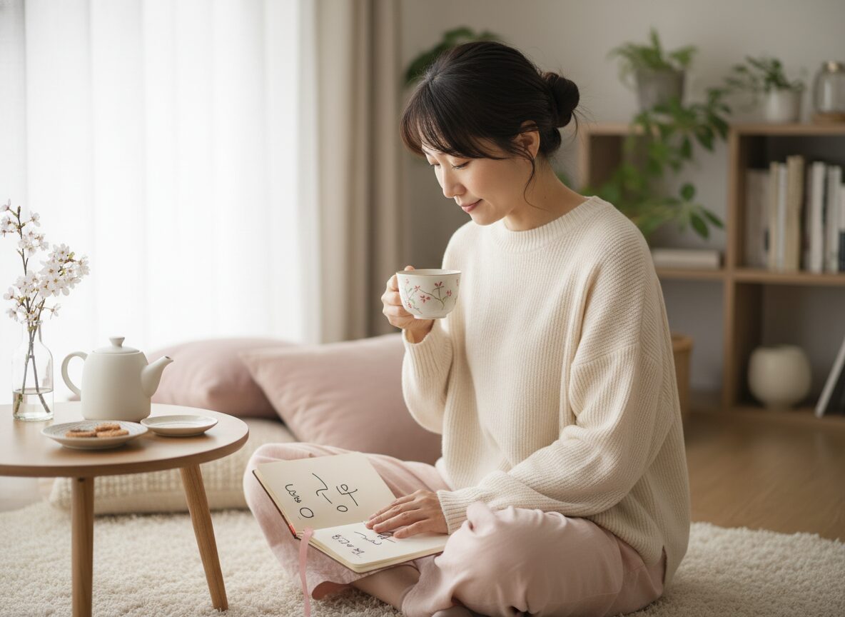予定を整理しながらお茶を飲む女性