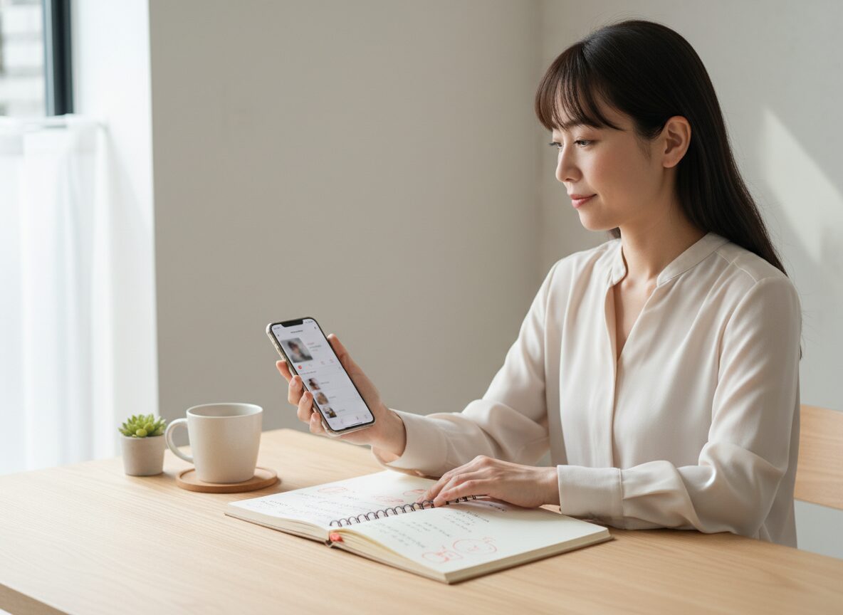 スマホと手帳を並べて婚活方法を考える女性
