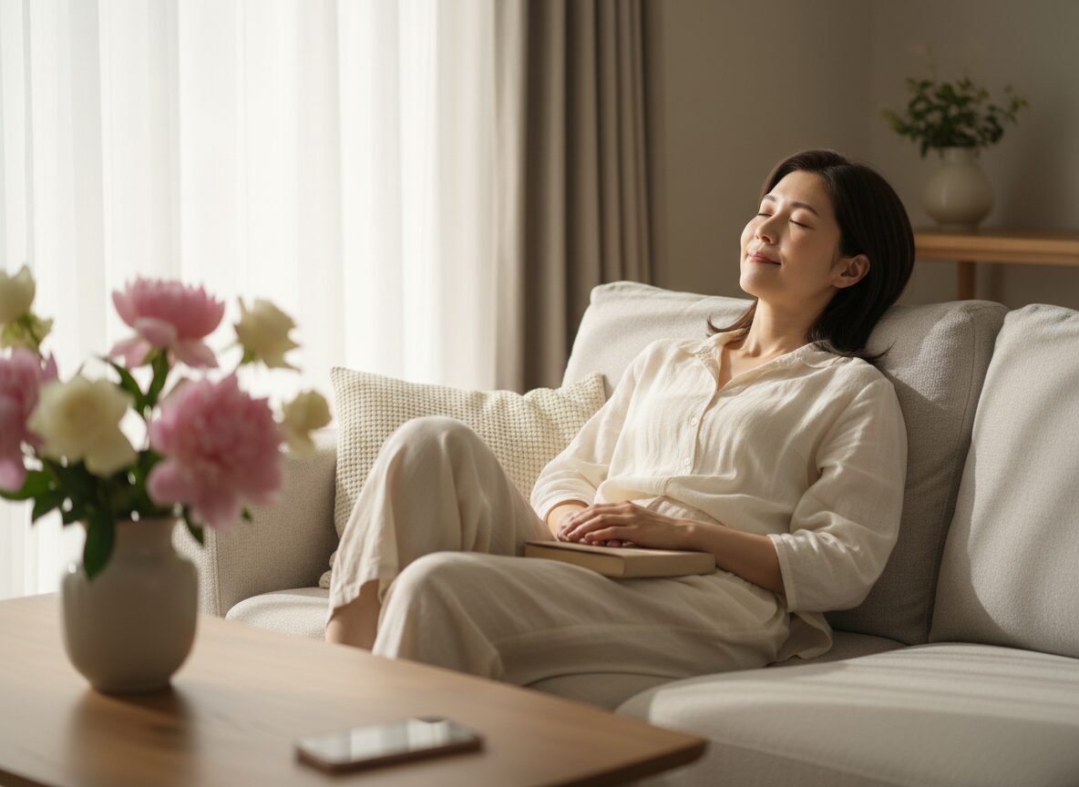 休日に花を買って帰る女性