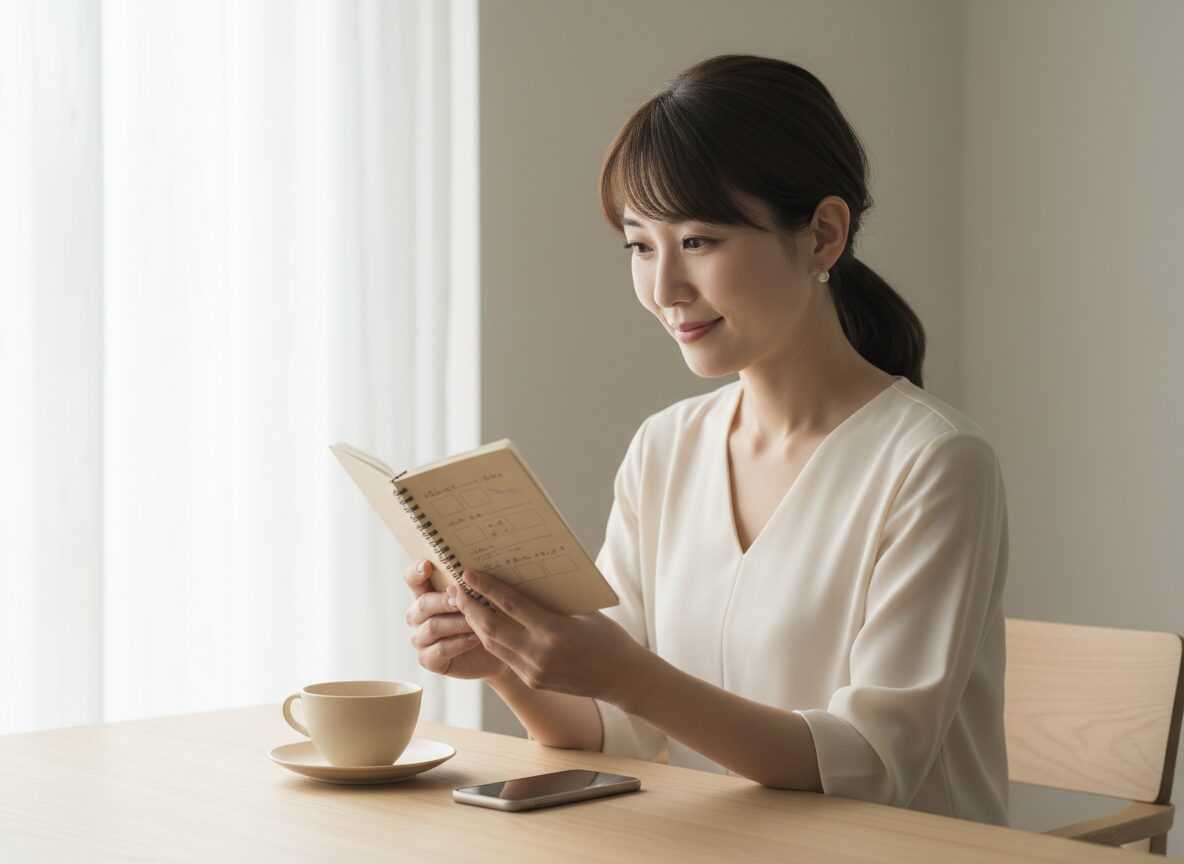 朝の光の中で予定を見直す女性