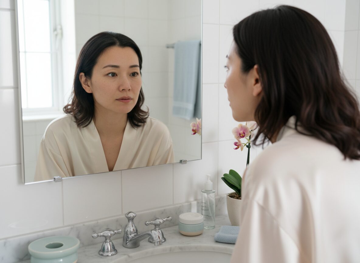 朝の鏡で頬の乾燥を確認する女性