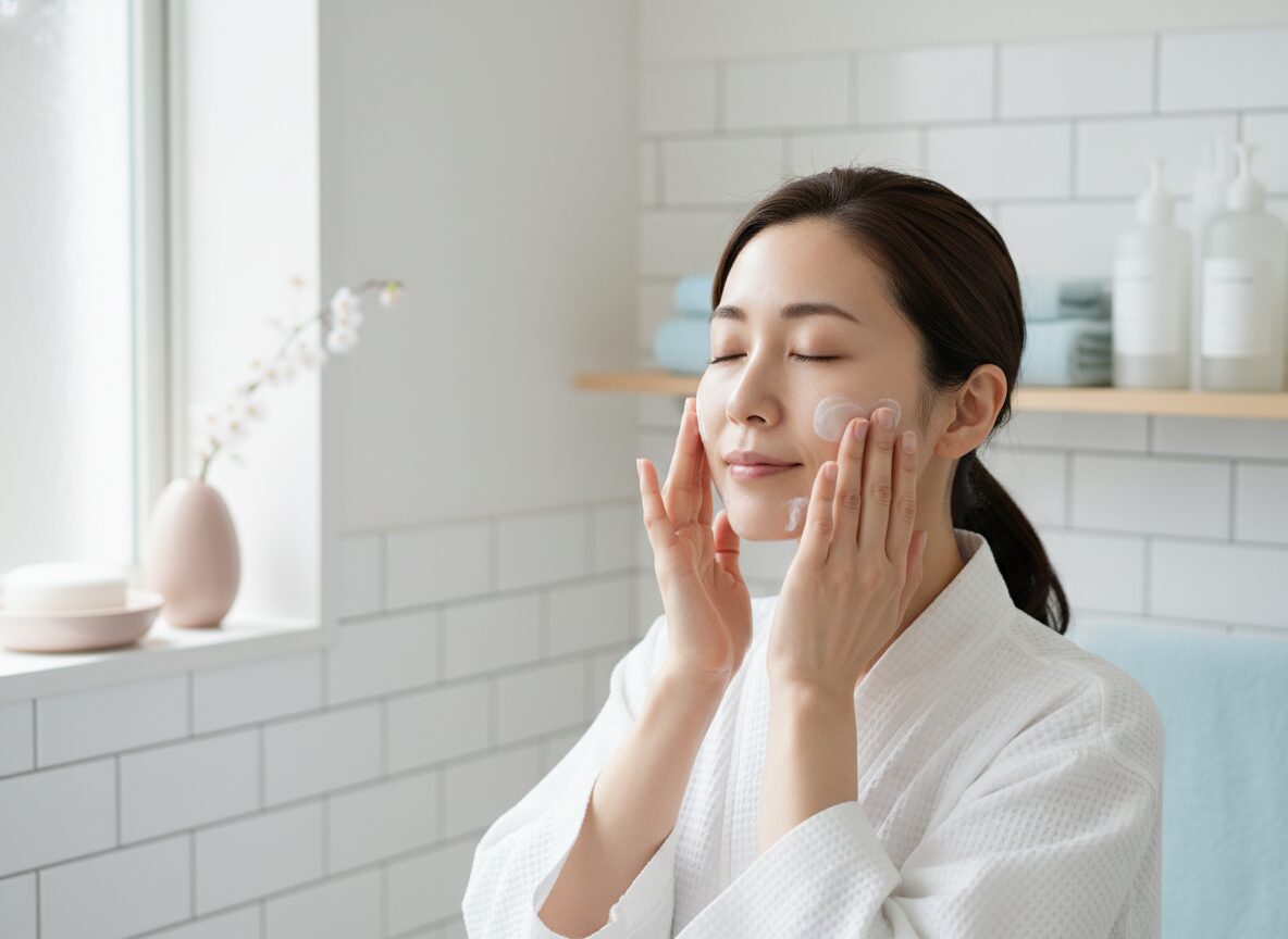洗顔後に化粧水を手でなじませる女性