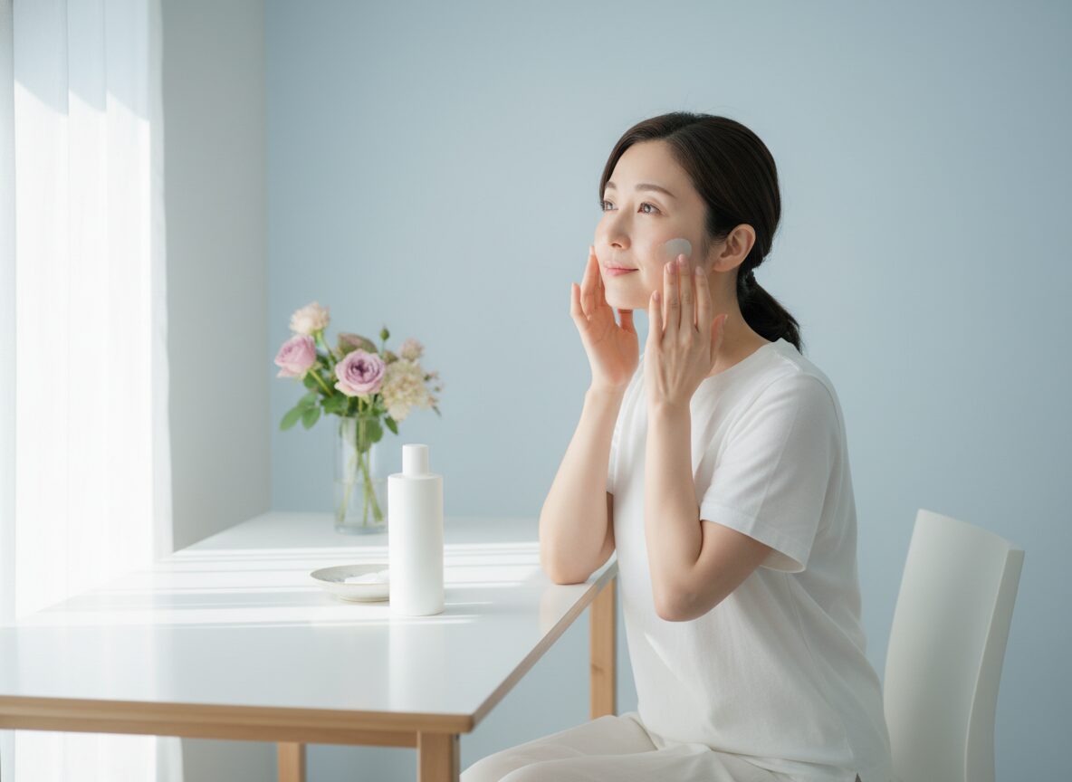 乳液を頬にやさしくなじませる女性