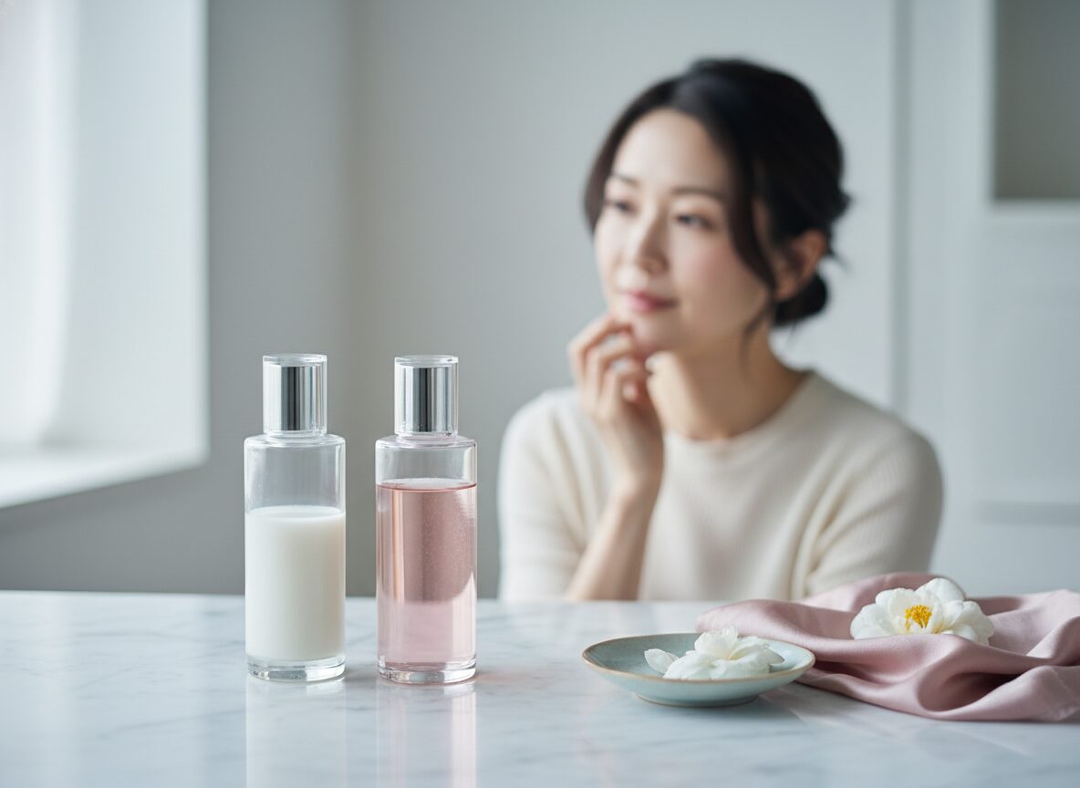 化粧水と乳液を洗面台に並べるイメージ