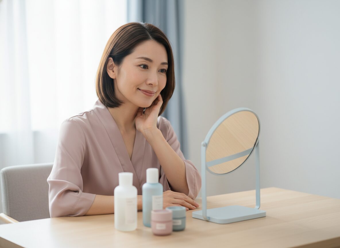 しっとり整った朝の肌で鏡を見る女性