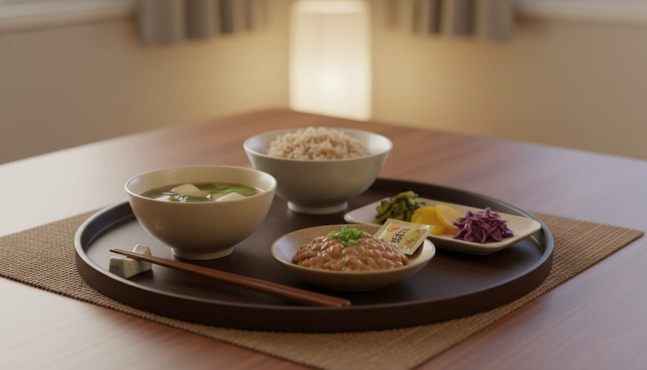 和食の夕食、味噌汁と納豆と漬物